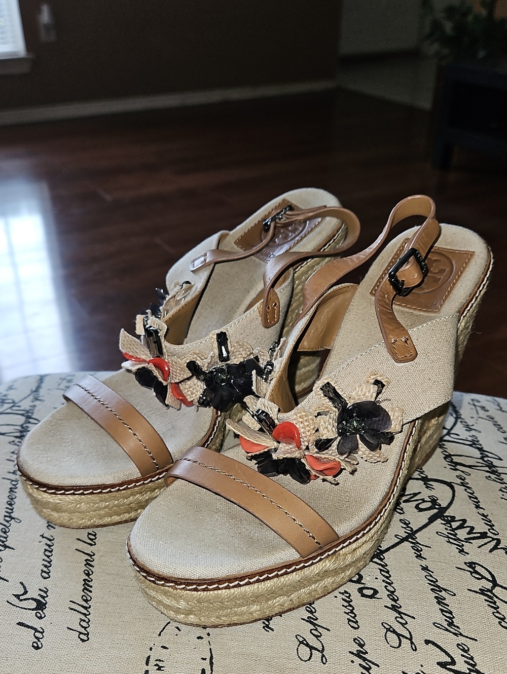 Tory Burch Women’s Tan Espadrille Wedge Sandals with Floral Accent
